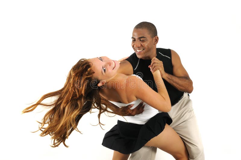 Multiracial couple dancing isolated