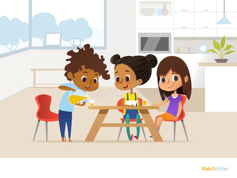 Multiracial dzieci przygotowywa lunch one i jeść Dwa dziewczyny siedzi przy stołu i chłopiec dolewania sokiem pomarańczowym w szk