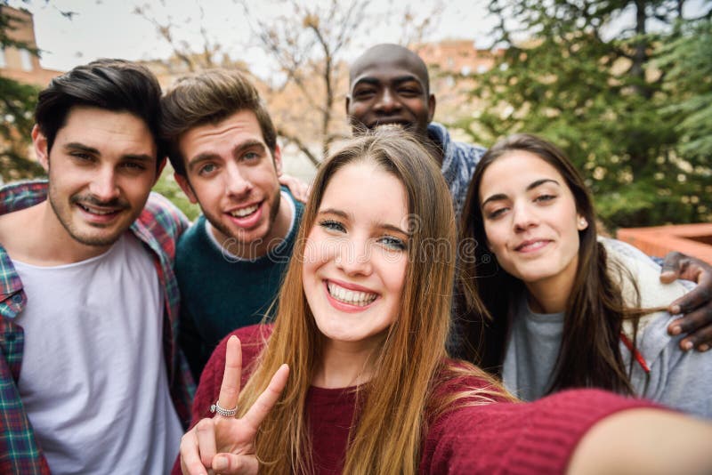 Multiracial Group Of Friends Taking Selfie Stock Image Image Of Park 