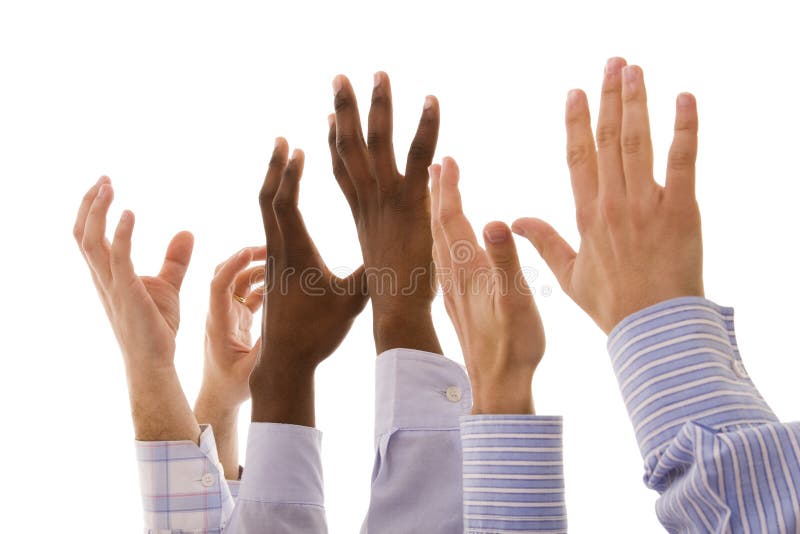 Multiracial hands gesturing together (isolated on white)