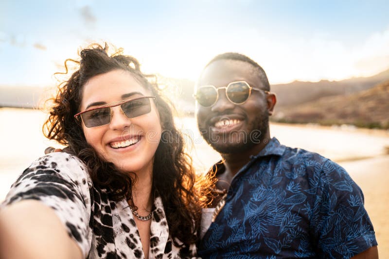 Multiracial Happy Couple Young Friends Laughing Taking Selfie 