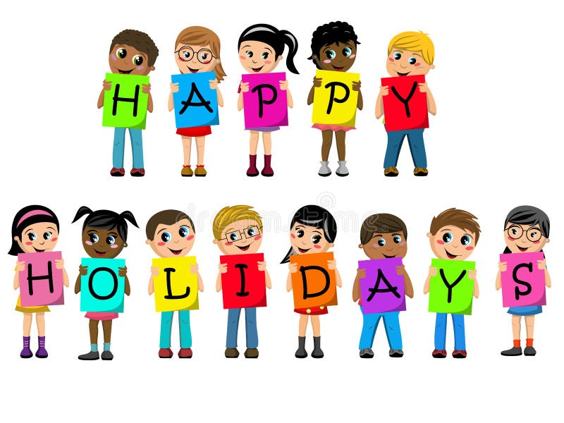 Multiracial kids children cardboard spell out happy holidays text isolated vector illustration Multiracial kids children cardboard spell out happy holidays text isolated vector illustration