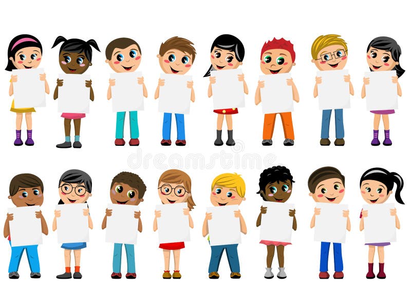 Multiracial kids or children standing and holding blank cardboard isolated