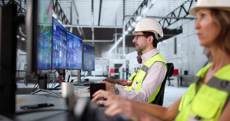 Multiracial team using Scada automation software vector illustration