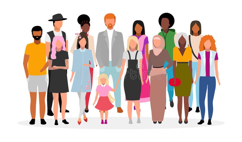 Multirasowy zespół płaski wektor ilustracji. postacie z rysunków przedstawiających młodzi dorośli wielokulturowi. społeczeństwo ob ilustracji
