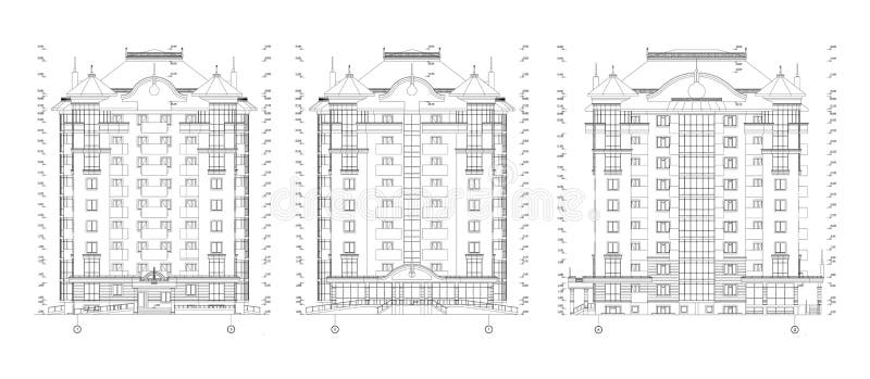 Multistory building facade, detailed architectural technical drawing, vector blueprint stock illustration