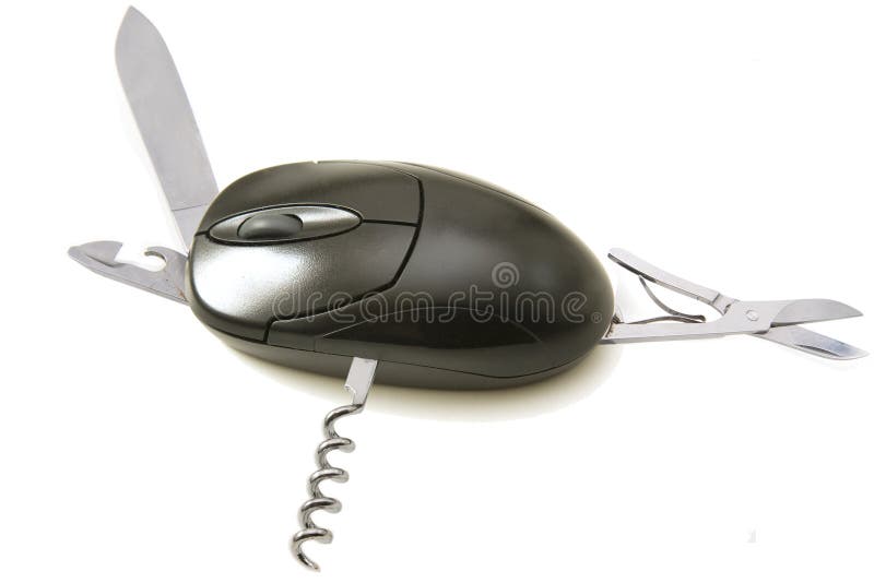 Computer mouse with corkscrew over white background. Computer mouse with corkscrew over white background