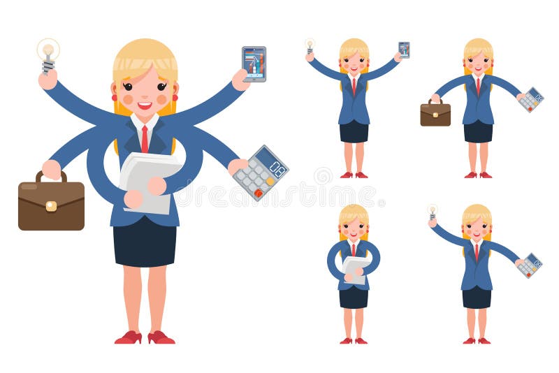 Multitasking bizneswomanu zarządzania śliczne młode fachowe wydajne biurowe postacie z kreskówki ustawiają odosobnionego na bielu ilustracji Multitasking bizneswomanu zarządzania śliczne młode fachowe wydajne biurowe postacie z kreskówki ustawiają odosobnionego na bielu ilustracji