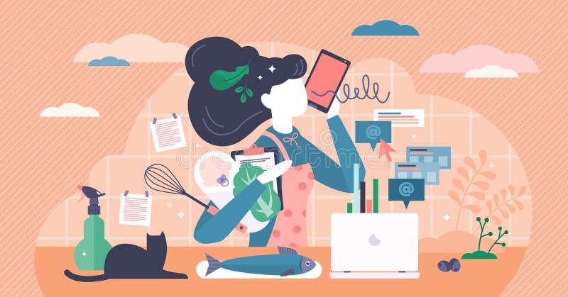 Multitasking busy mom at home concept, vector illustration tiny female person concept. A woman managing the balance between family life, house work and business career. Overloaded person in pressure.