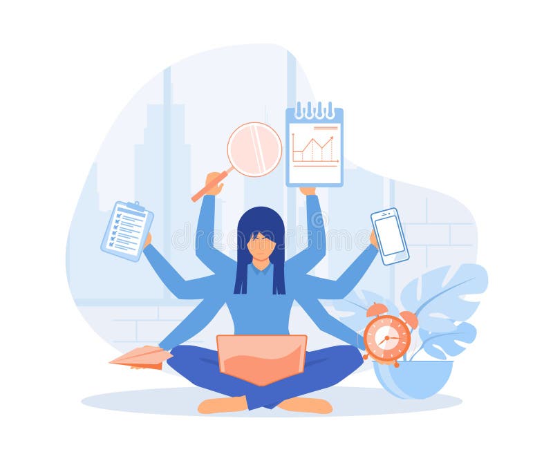 Multitasking. gestione dei tempi. una ragazza con molte braccia siede nella posizione di yoga e fa molti compiti nello stesso temp royalty illustrazione gratis