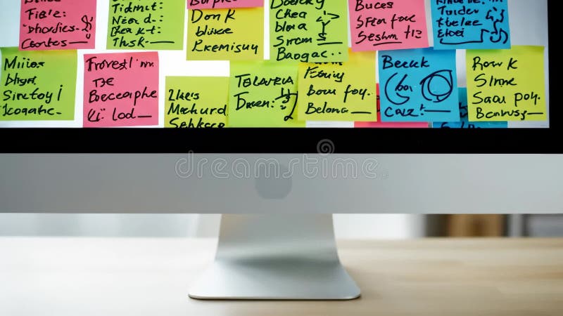 Multitasking overload with post it notes on computer screen stock illustration