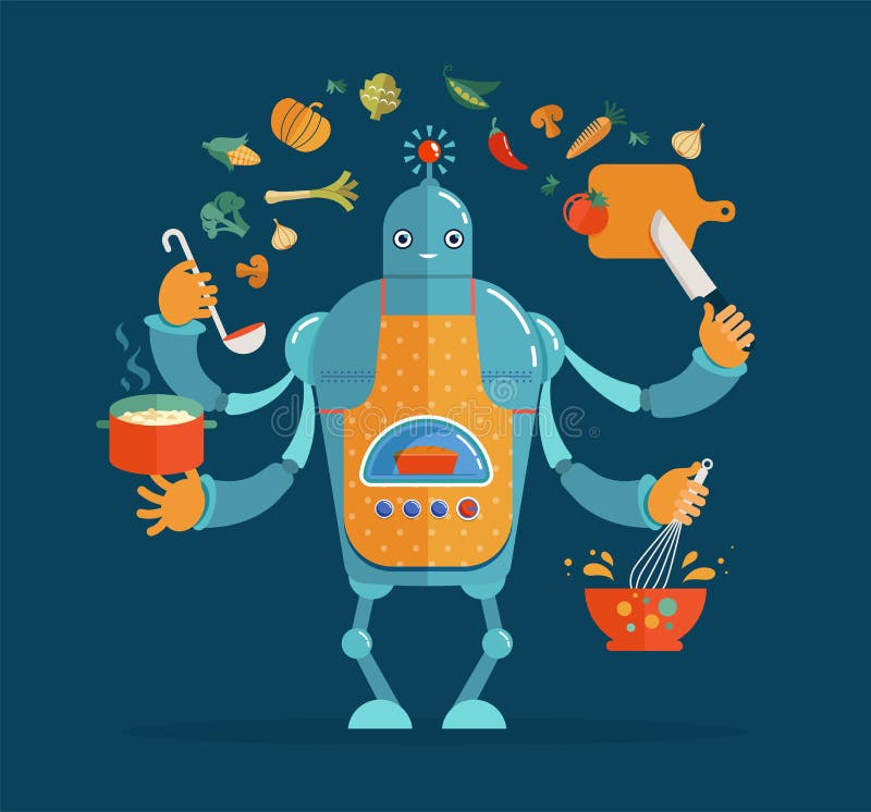 Multitasking robot chef baking and cooking stock illustration