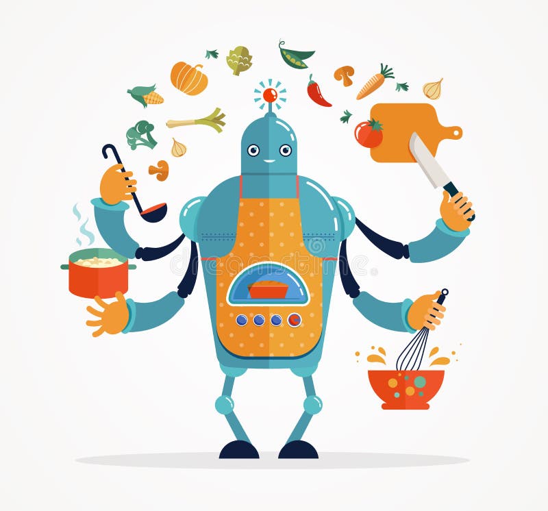 Multitasking robot chef baking and cooking stock illustration