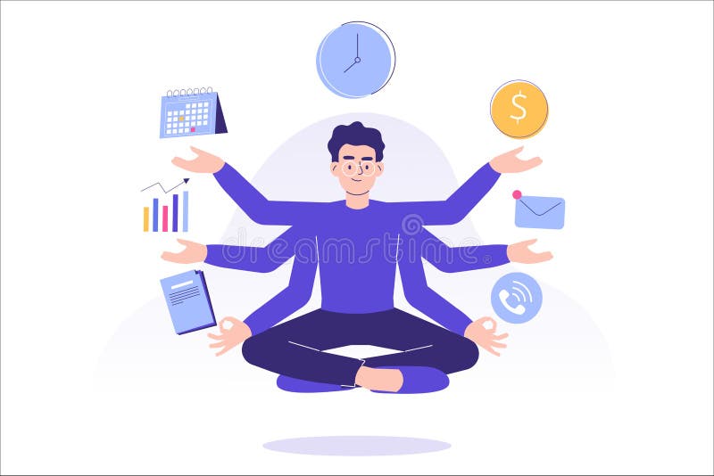 Multitasking and time management concept. Young freelancer man or business manager doing meditation or practicing mindfulness stock illustration