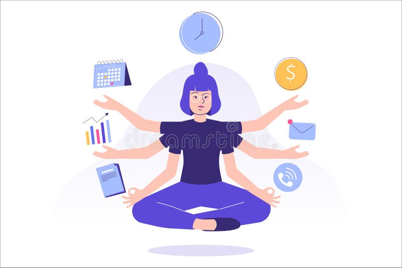 Multitasking and time management concept. Young freelancer woman or business manager doing meditation or practicing mindfulness vector illustration