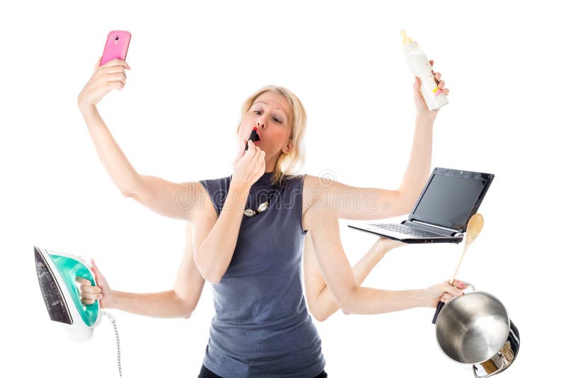 Woman in a multitasking mode. Isolated, white background. Concept of modern woman who plays multiple roles at the same time: manager, housewife, mother, fashion female. Woman in a multitasking mode. Isolated, white background. Concept of modern woman who plays multiple roles at the same time: manager, housewife, mother, fashion female.