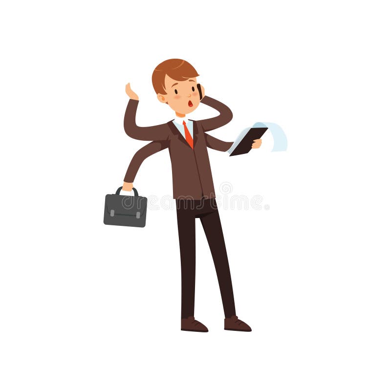Multitasking young businessman, boy in a business suit character with many hands vector Illustration on a white