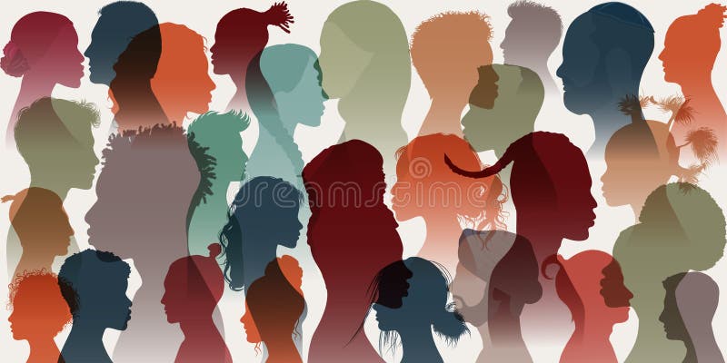 Multitud. grupo de hombres de silueta femenina de diversas culturas. diversidad multiétnica. igualdad racial y lucha contra el rac
