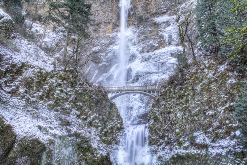 Multnomah Falls frozen in winter. Hdr bridge stock images, royalty-free photos and pictures