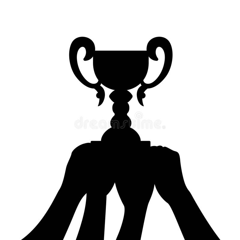 Multiple Hands Holding a Trophy in Black and White Silhouette Vector