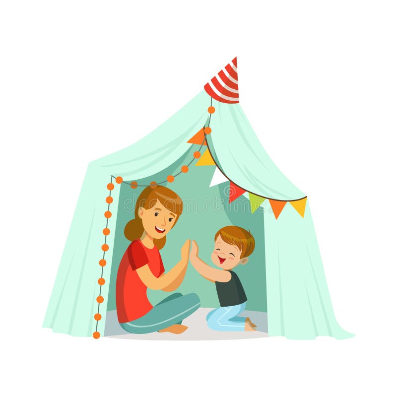 Mum and her son playing in a tepee tent, kid having fun in a hut vector Illustration vector illustration Mum and her son playing in a tepee tent, kid having fun in a hut vector Illustration vector illustration