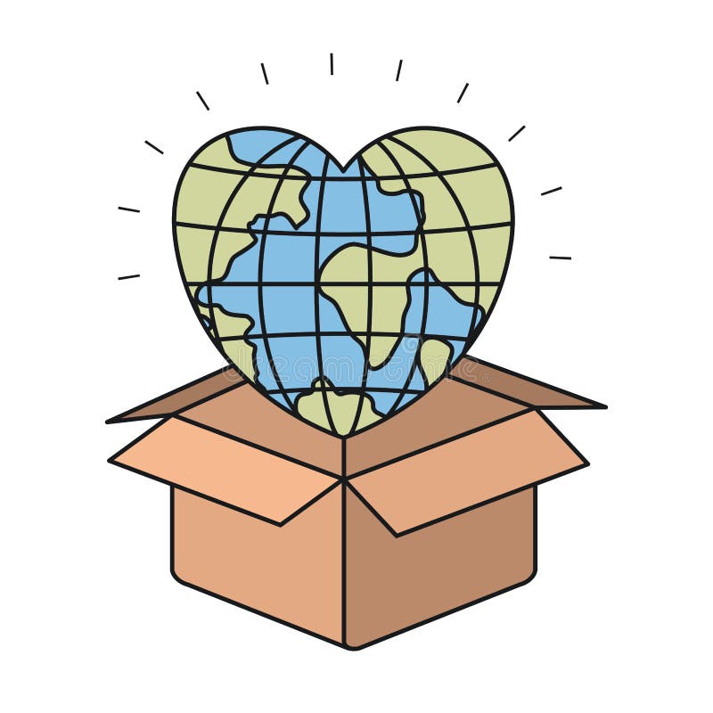 Colorful silhouette closeup globe earth world in heart shape coming out of cardboard box vector illustration. Colorful silhouette closeup globe earth world in heart shape coming out of cardboard box vector illustration