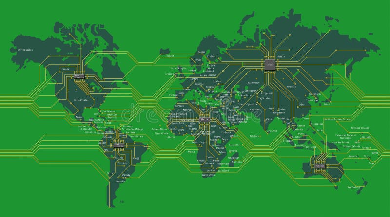 Illustrated background showing a world map on an electronic circuit board / motherboard. Illustrated background showing a world map on an electronic circuit board / motherboard.