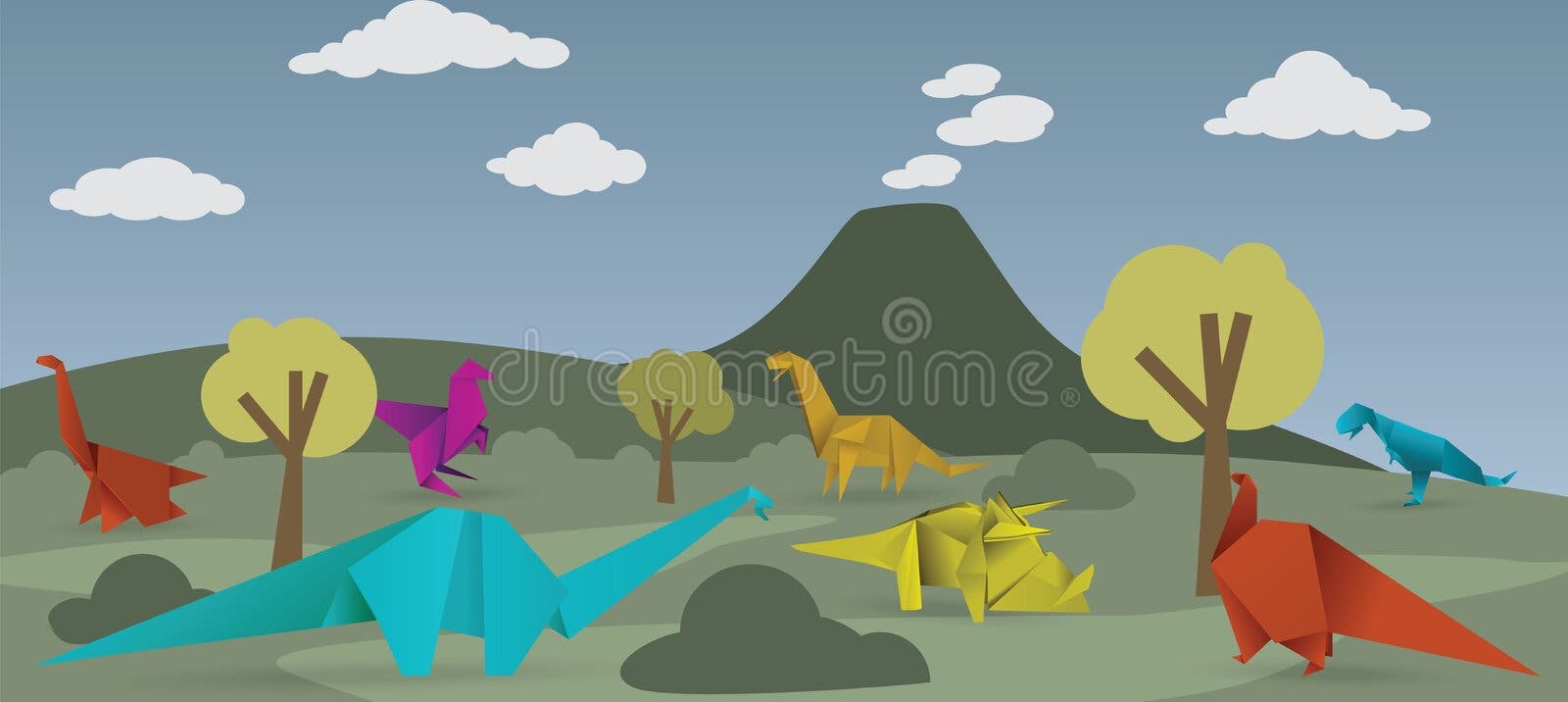 Desenhos animados dinossauros felizes com vulcão, Vetor Premium