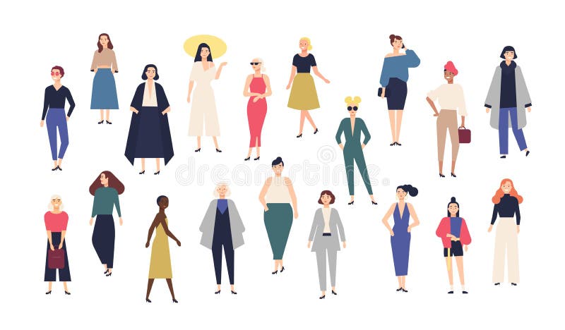 Mundo del ` s de las mujeres La muchedumbre de muchachas se vistió en ropa casual y formal de moda Colección de personajes de dib libre illustration Mundo del ` s de las mujeres La muchedumbre de muchachas se vistió en ropa casual y formal de moda Colección de personajes de dib libre illustration