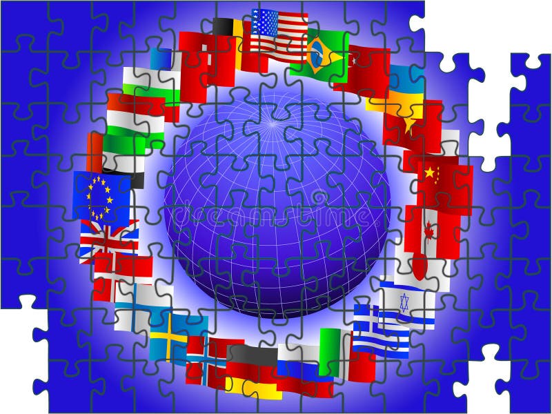 Background from globe and flags of the world in the form of a puzzle in a. Background from globe and flags of the world in the form of a puzzle in a