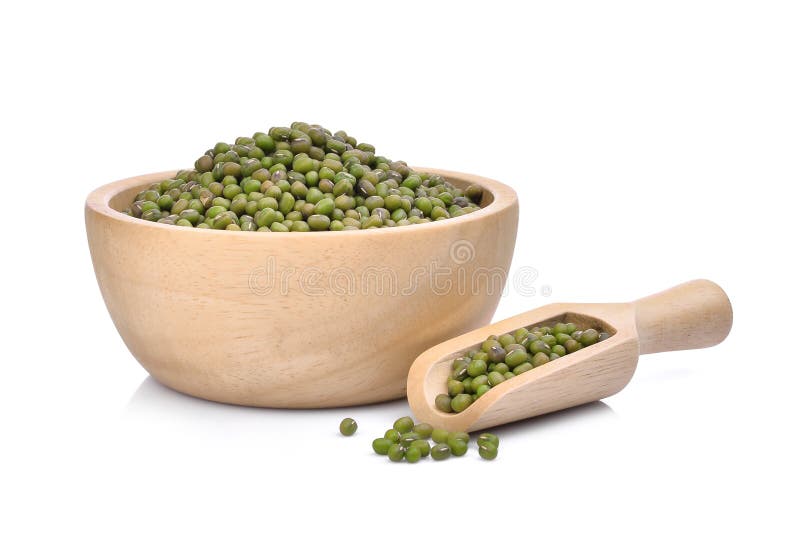 Mung beans in wooden scoop and wooden bowl isolated on white background