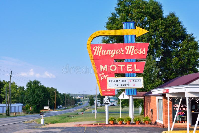 Lebanon, Missouri, Usa - July 18, 2017 : Munger Moss Motel and vintage neon sign on historic Route 66 in Missouri. Lebanon, Missouri, Usa - July 18, 2017 : Munger Moss Motel and vintage neon sign on historic Route 66 in Missouri.