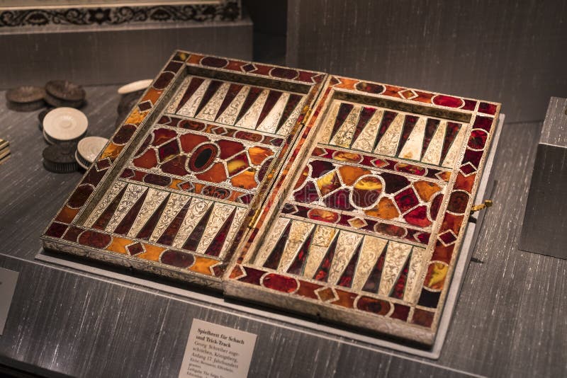 The Represents an exposition of the history of the development of board games chess backgammon poker in the Bavarian National Muse stock photos