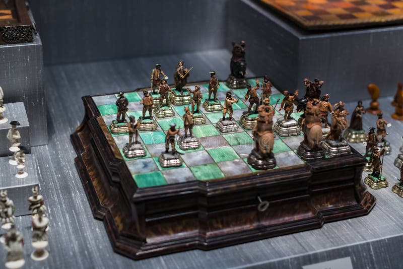 The Represents an exposition of the history of the development of board games chess backgammon poker in the Bavarian National Muse stock photo