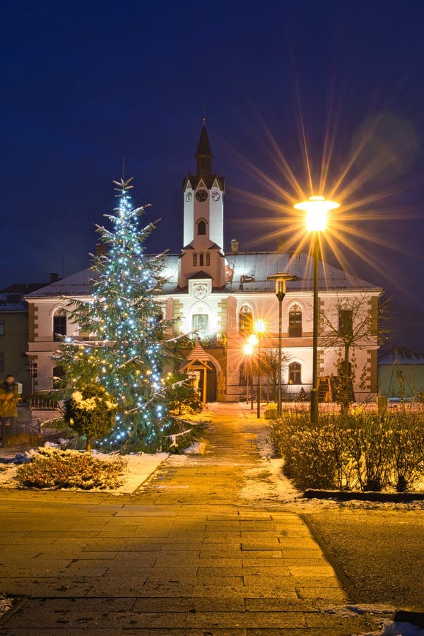 Municipal office in Lubietova village during winter evening