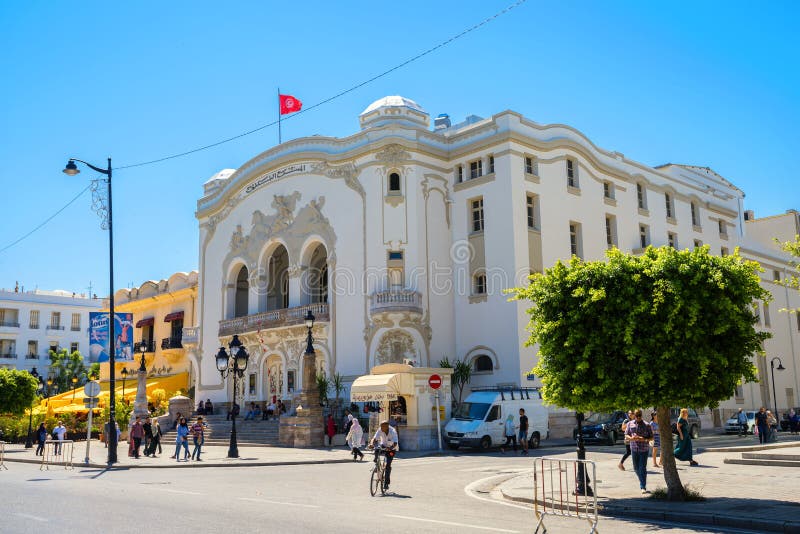 TUNIS, TUNISIA - JULY 05, 2017: Tunisian National Theatre in center on avenue Habib Bourguiba. North Africa. TUNIS, TUNISIA - JULY 05, 2017: Tunisian National Theatre in center on avenue Habib Bourguiba. North Africa