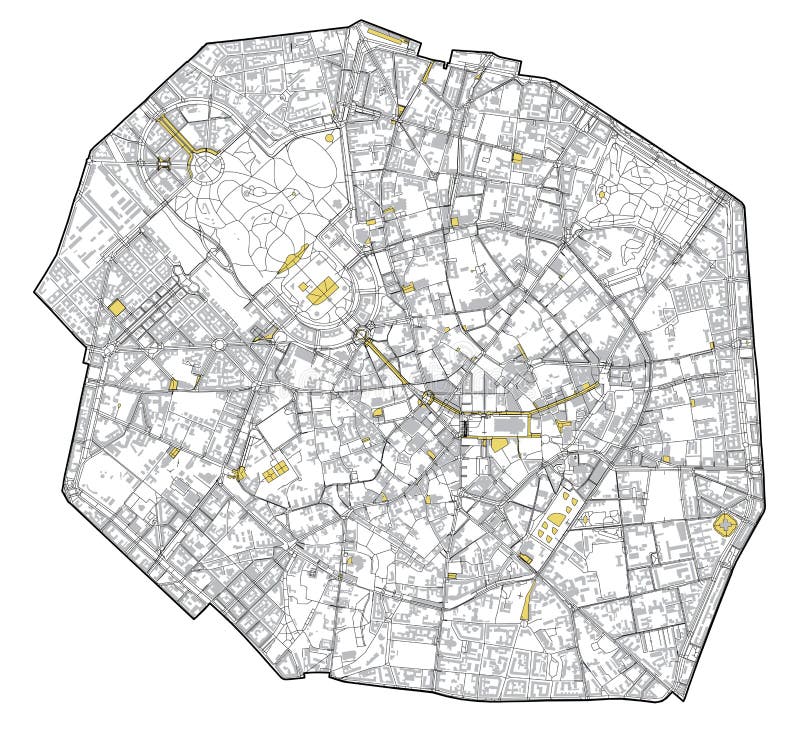 Satellite map of Milan, streets and building of area number 1, municipalities number one. Italy