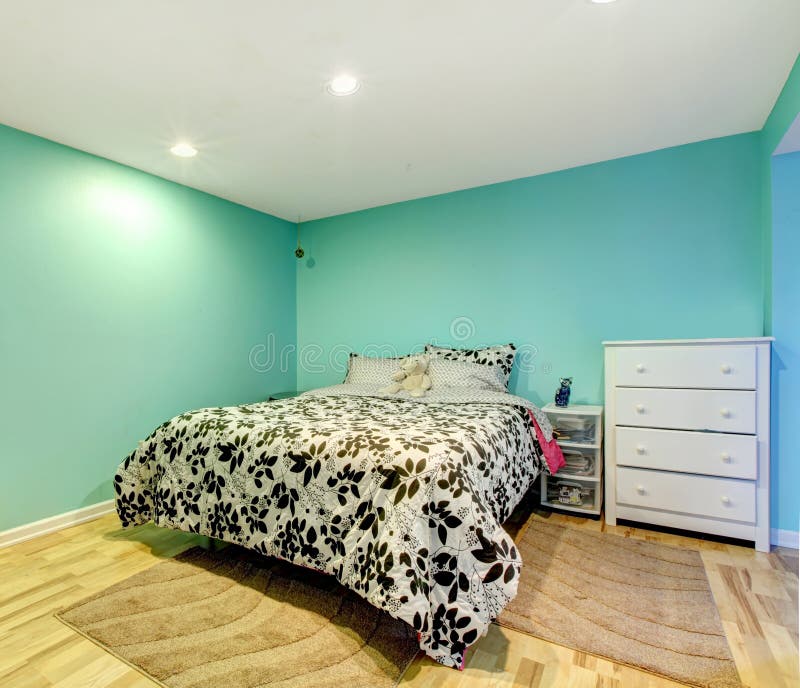 MInt happy bedroom with hardwood floor. Furnished with black and white bed, white dresser and wooden chest. MInt happy bedroom with hardwood floor. Furnished with black and white bed, white dresser and wooden chest