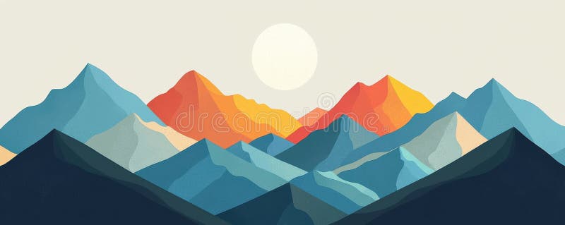 Munți abstracți, colorați, cu un răsărit de soare vibrant în fundal royalty free stock images
