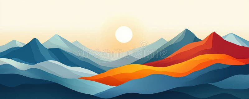 Munți abstracți, colorați, cu un răsărit de soare vibrant în fundal royalty free stock images