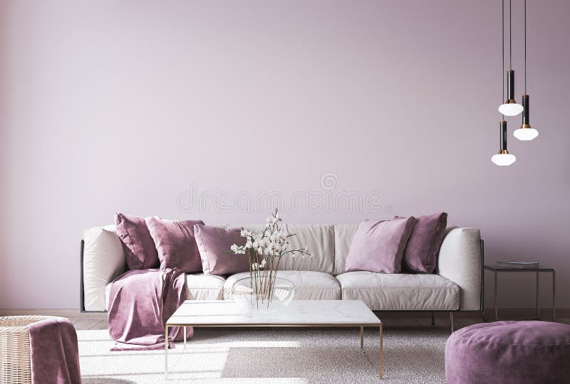 Mur för modern sofa på ljusrosa väggbakgrund med trendiga tillbehör till hemmet royaltyfri illustrationer