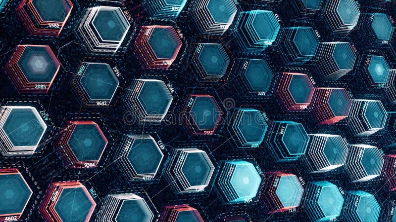 3D hexagon wall. Animation. Holographic hexagons pulse on black background. Background of futuristic glowing hexagons. 3D hexagon wall. Animation. Holographic hexagons pulse on black background. Background of futuristic glowing hexagons.