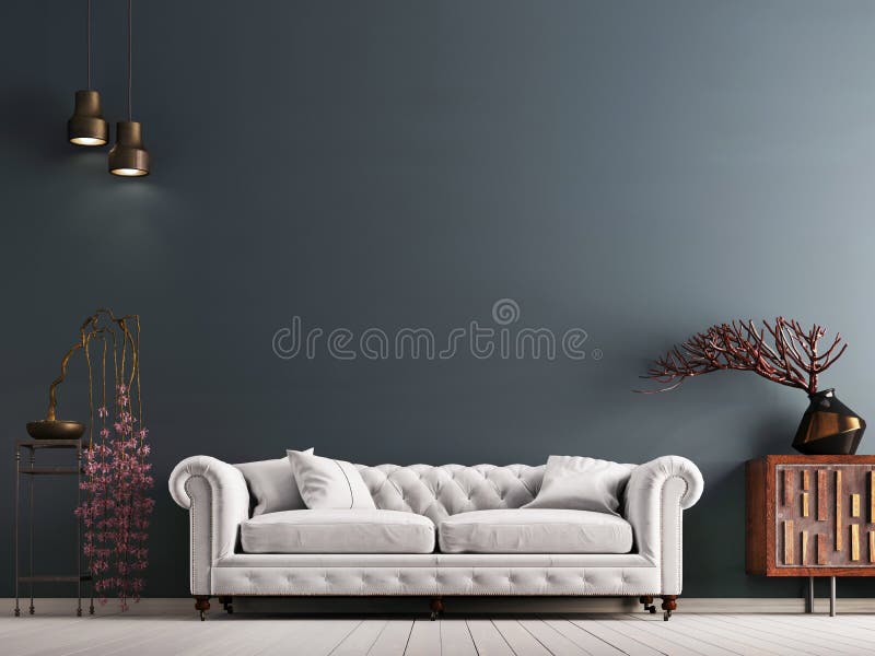 Mur vide dans l'intérieur classique de style avec le sofa blanc sur le mur gris de fond
