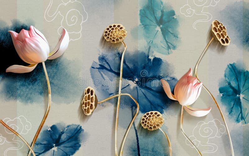 Mural Illustration of beautiful White flower decorative on gray wall background 3D wallpaper. Graphical modern art with golden flo royalty free illustration