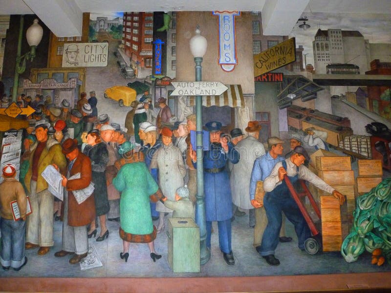 Murale della scena della via dentro la torre di Coit, San Francisco immagini stock libere da diritti Murale della scena della via dentro la torre di Coit, San Francisco immagini stock libere da diritti