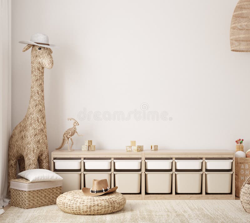 Wall mock up in children room with natural wooden furniture, Farmhouse style interior background, 3D render. Wall mock up in children room with natural wooden furniture, Farmhouse style interior background, 3D render