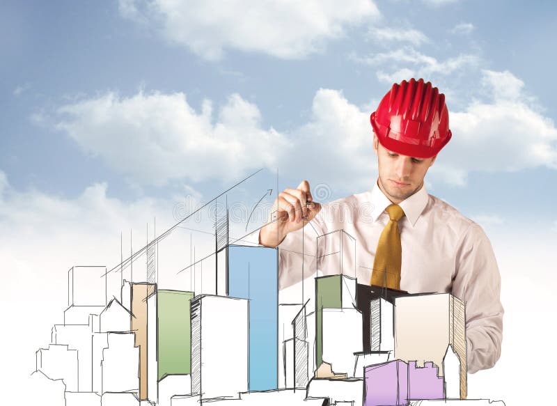 Muratore che progetta una vista della città fotografia stock Muratore che progetta una vista della città fotografia stock