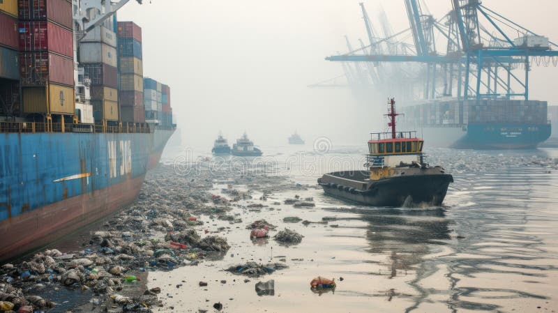 Apele tulburi ale unui port aglomerat poluate de traficul constant al navelor container și al încărcăturii acestora royalty free stock photos
