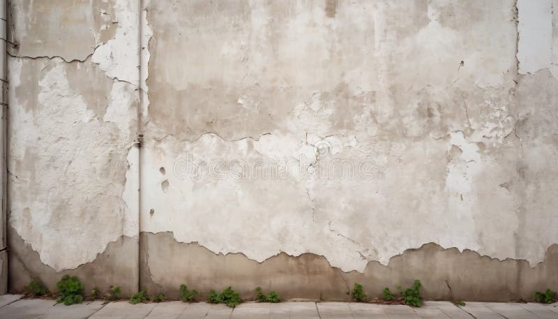 Muro de hormigón urbano. Una pared de hormigón craqueada en texturerich con signos de deterioro y pequeñas plantas brotando en su base. generado por ai
