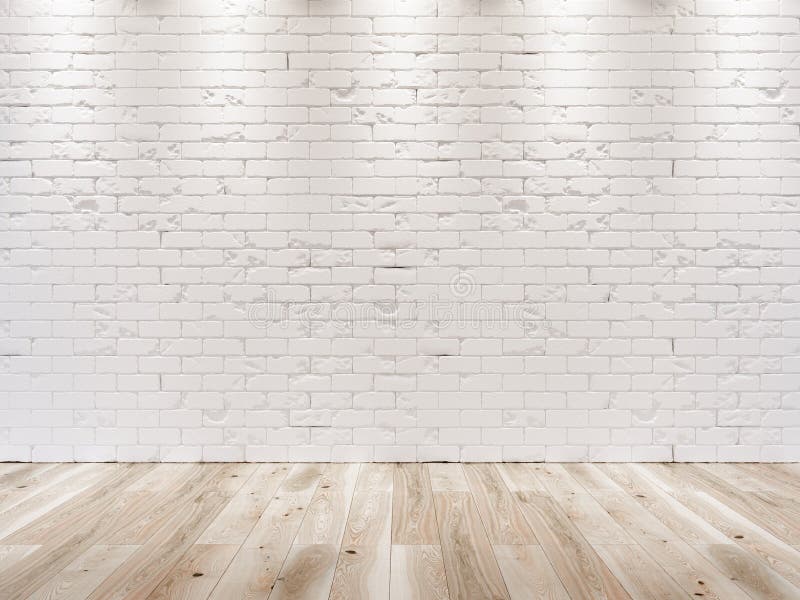 Muro di mattoni bianco e pavimento di legno fotografia stock